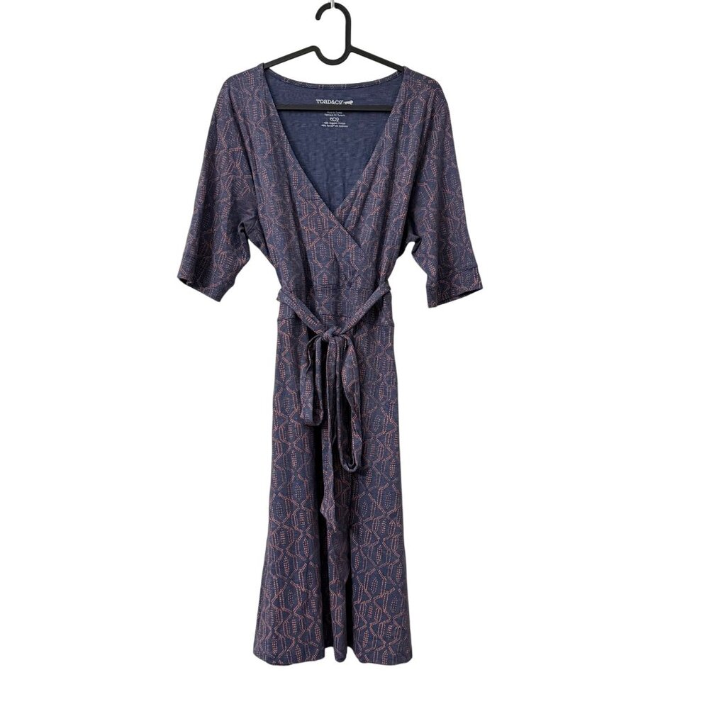 Toad Co Blue Coral Geometric Print Cue Wrap Cafe Skirt Half Sleeve Dress Large